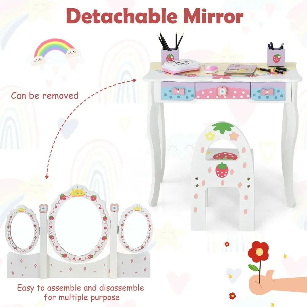 Kids Vanity Princess Makeup Dressing Table Chair Set with Tri-fold Mirror-White - White - Kids Vanities