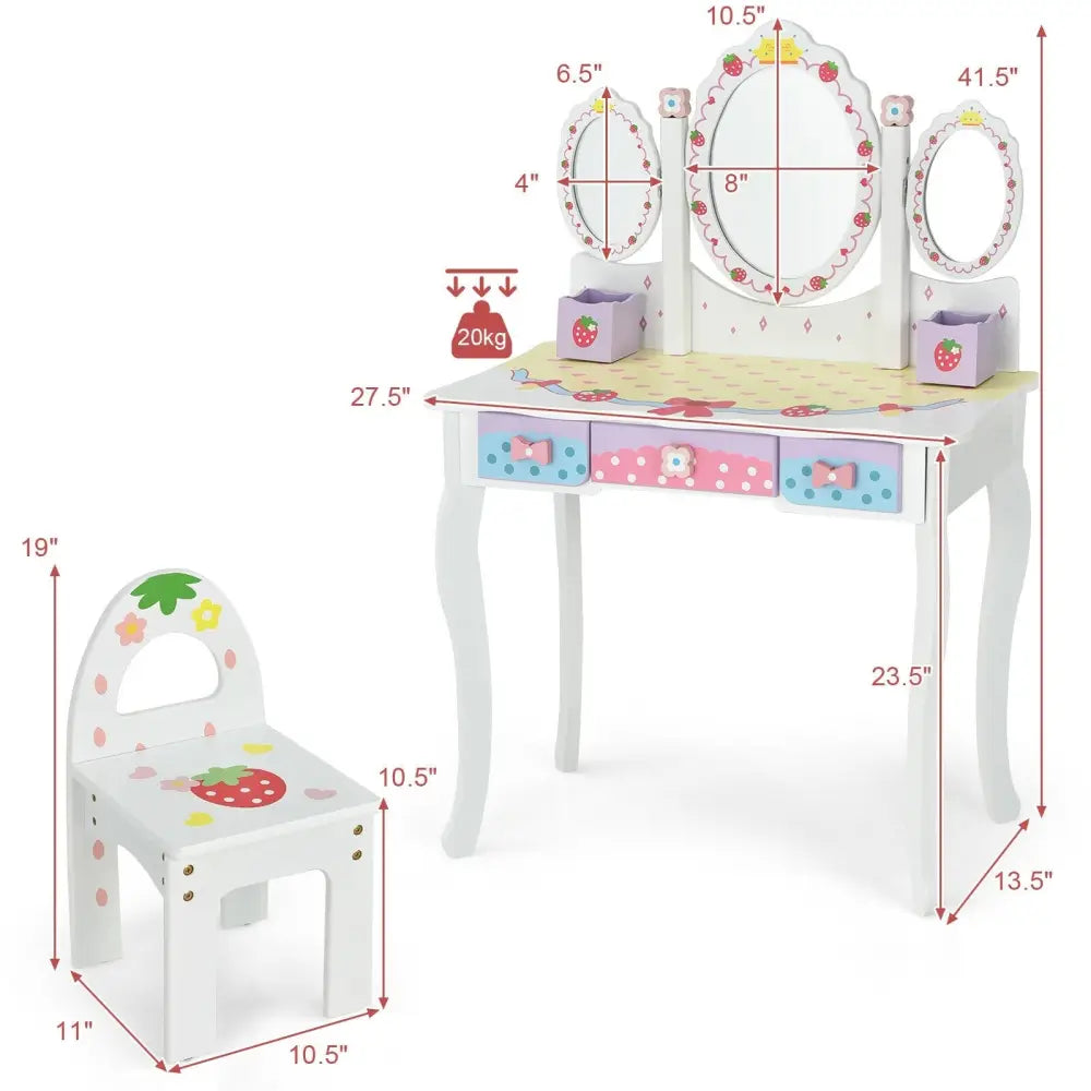 Kids Vanity Princess Makeup Dressing Table Chair Set with Tri-fold Mirror-White - White - Kids Vanities