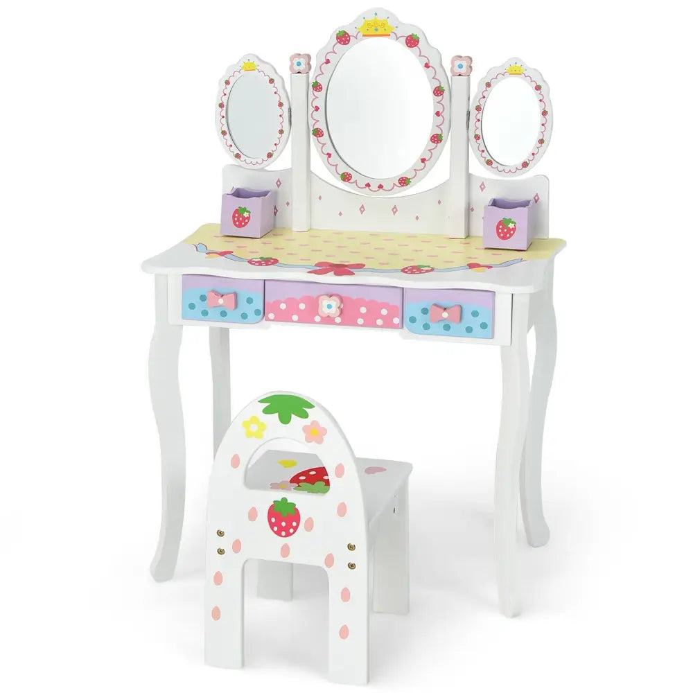 Kids Vanity Princess Makeup Dressing Table Chair Set with Tri-fold Mirror-White - White - Kids Vanities