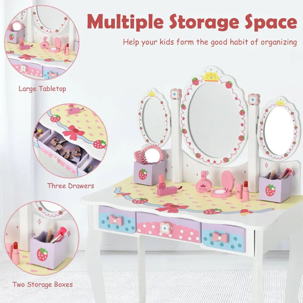 Kids Vanity Princess Makeup Dressing Table Chair Set with Tri-fold Mirror-White - White - Kids Vanities