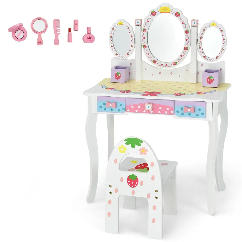 Kids Vanity Princess Makeup Dressing Table Chair Set with Tri-fold Mirror-White - White - Kids Vanities