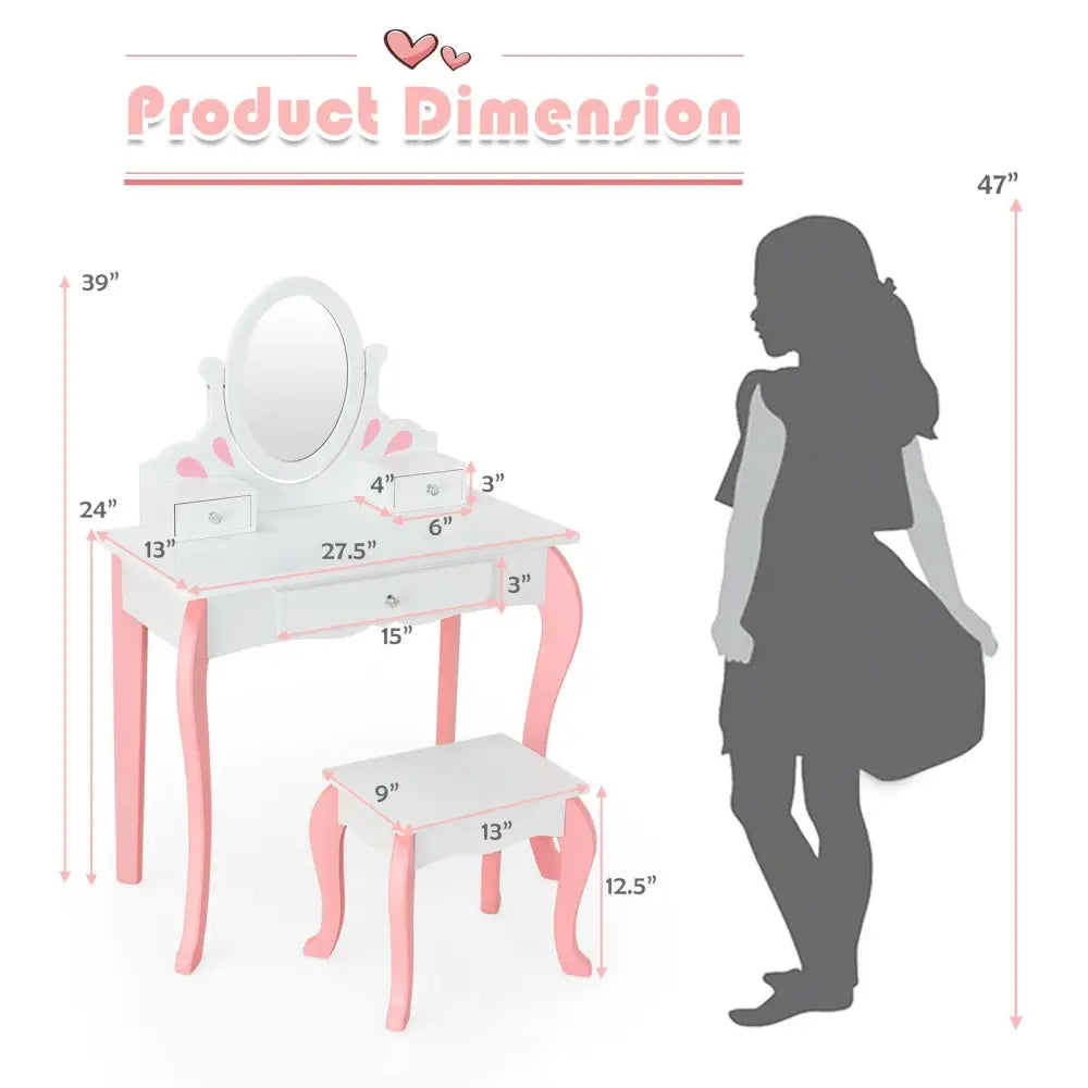 Kids Vanity Princess Makeup Dressing Table Stool Set with Mirror and Drawer-White - White - Kids Vanities