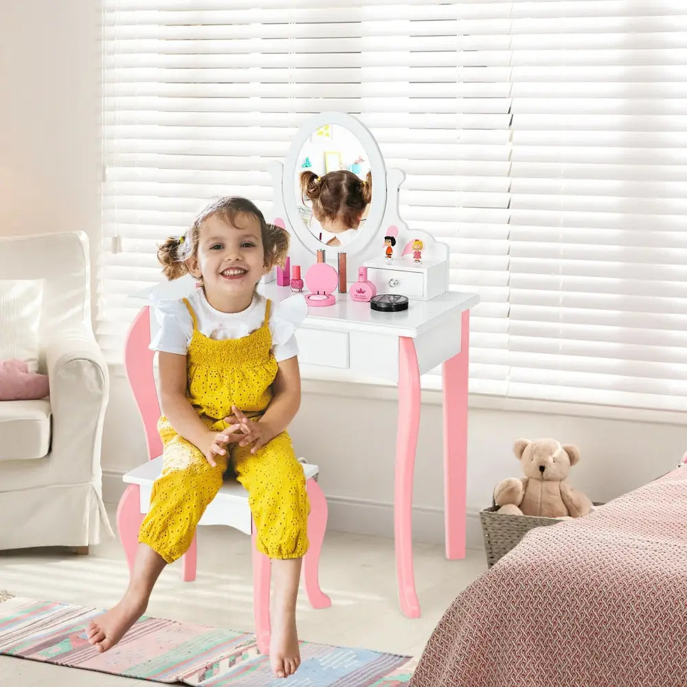 Kids Vanity Princess Makeup Dressing Table Stool Set with Mirror and Drawer-White - White - Kids Vanities