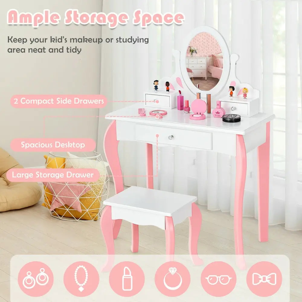 Kids Vanity Princess Makeup Dressing Table Stool Set with Mirror and Drawer-White - White - Kids Vanities