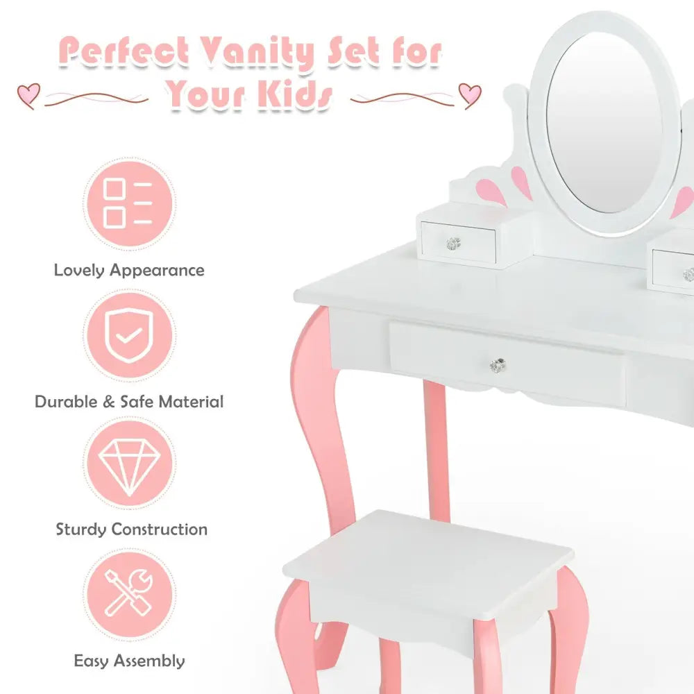 Kids Vanity Princess Makeup Dressing Table Stool Set with Mirror and Drawer-White - White - Kids Vanities