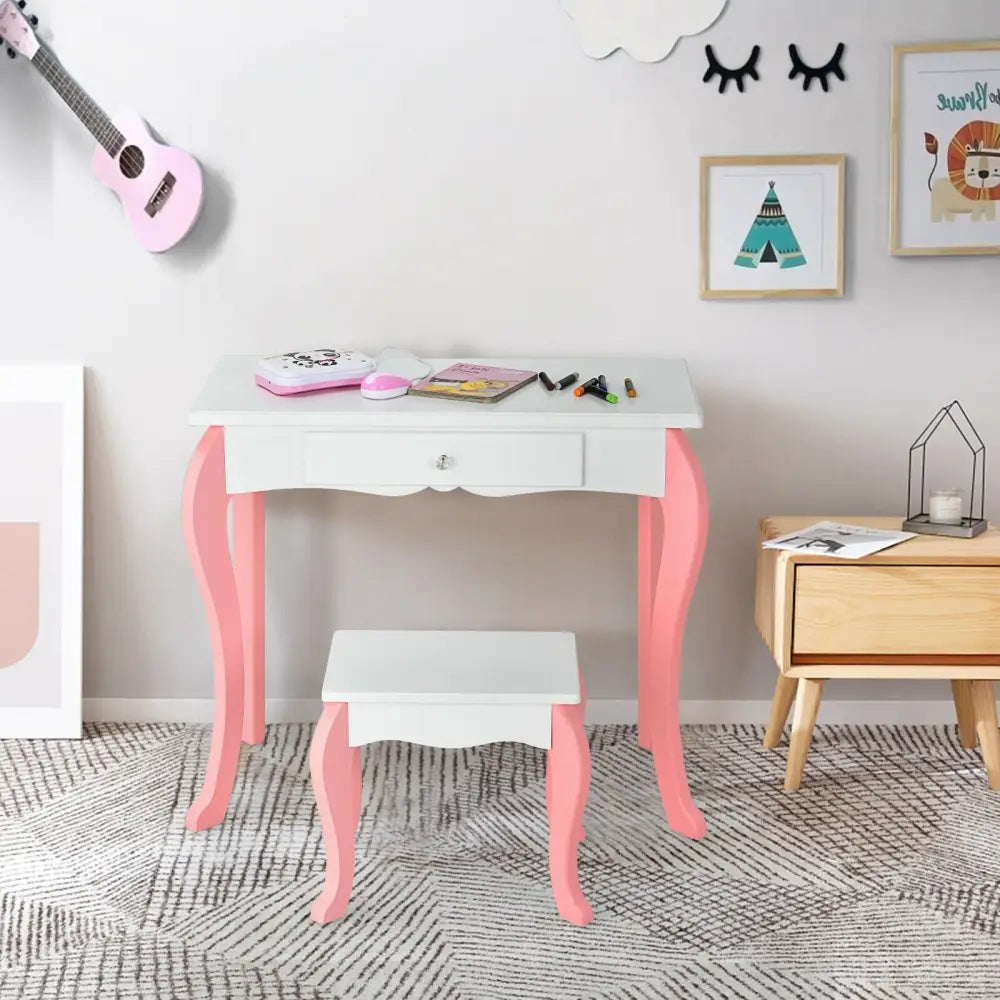 Kids Vanity Princess Makeup Dressing Table Stool Set with Mirror and Drawer-White - White - Kids Vanities