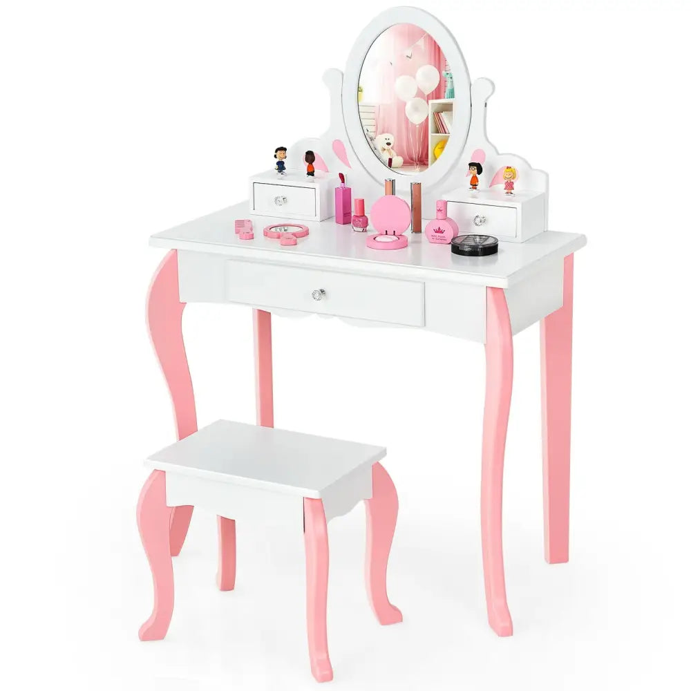 Kids Vanity Princess Makeup Dressing Table Stool Set with Mirror and Drawer-White - White - Kids Vanities