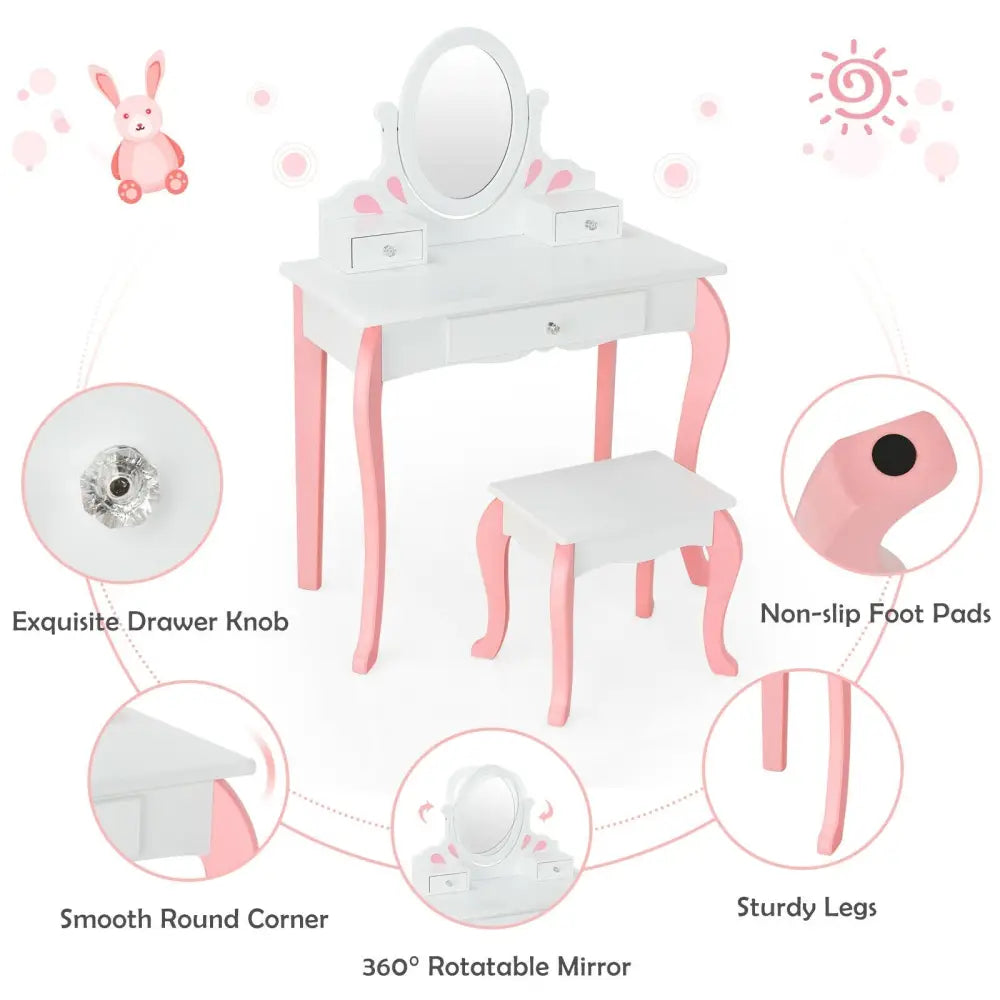 Kids Vanity Princess Makeup Dressing Table Stool Set with Mirror and Drawer-White - White - Kids Vanities
