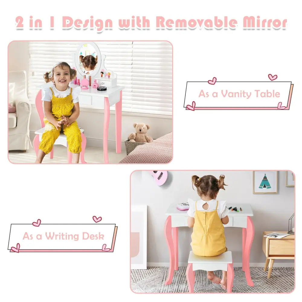 Kids Vanity Princess Makeup Dressing Table Stool Set with Mirror and Drawer-White - White - Kids Vanities