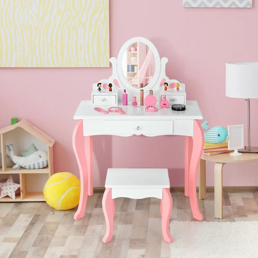 Kids Vanity Princess Makeup Dressing Table Stool Set with Mirror and Drawer-White - White - Kids Vanities