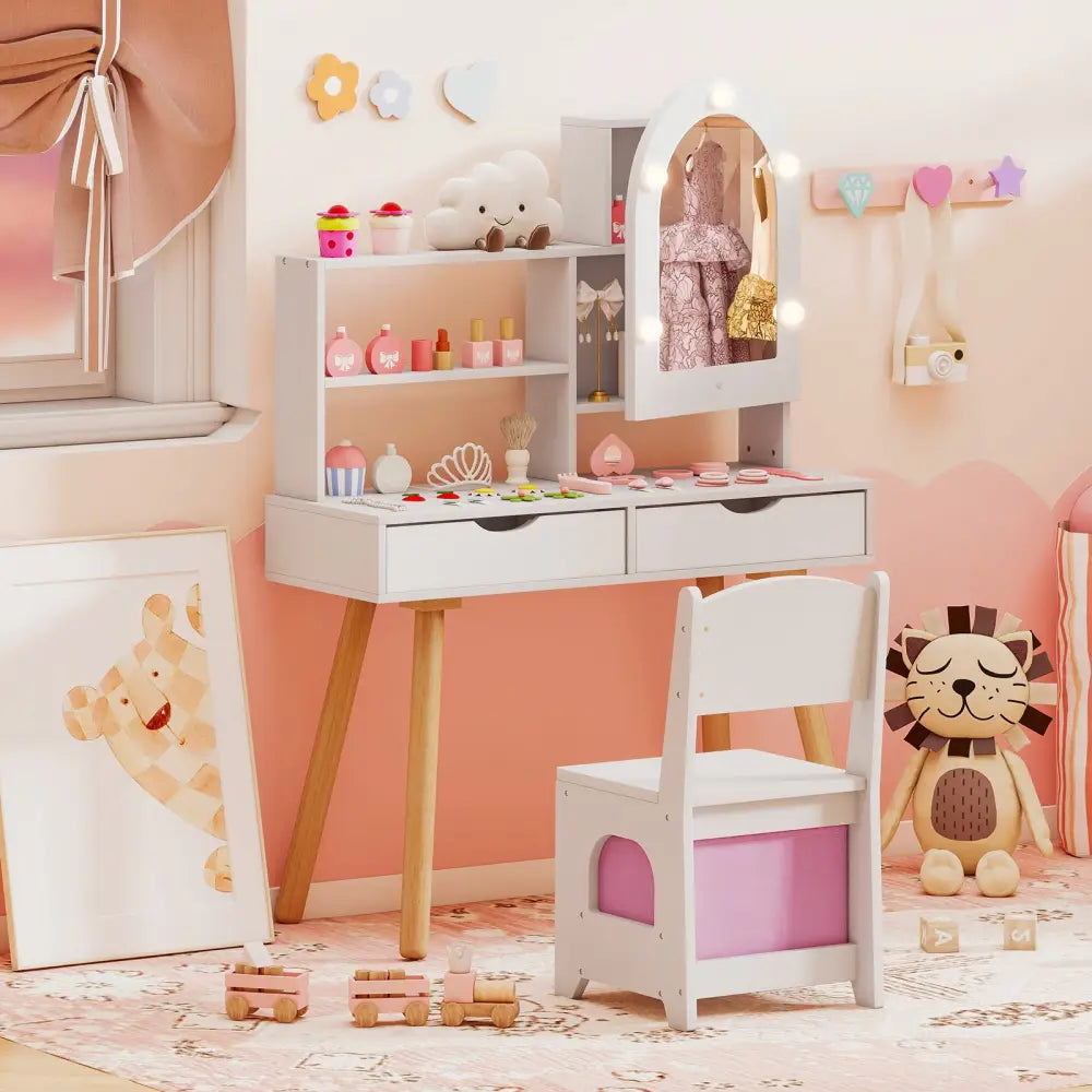 Kids Vanity Set Pretend Play Dressing Table Set with 3-Color Lighting Modes Adjustable Brightness and Mirror