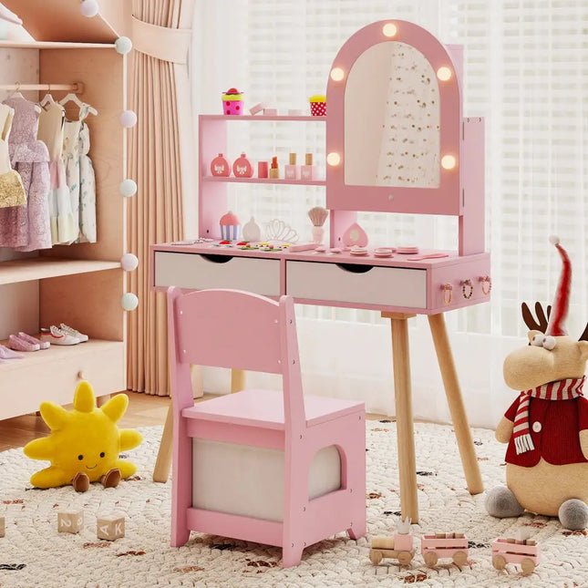 Kids Vanity Set Pretend Play Dressing Table Set with 3-Color Lighting Modes Adjustable Brightness and Mirror
