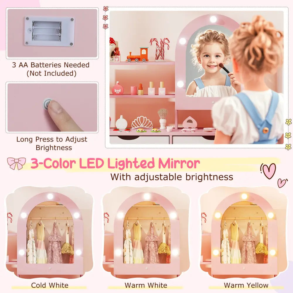 Kids Vanity Set Pretend Play Dressing Table Set with 3-Color Lighting Modes Adjustable Brightness and Mirror