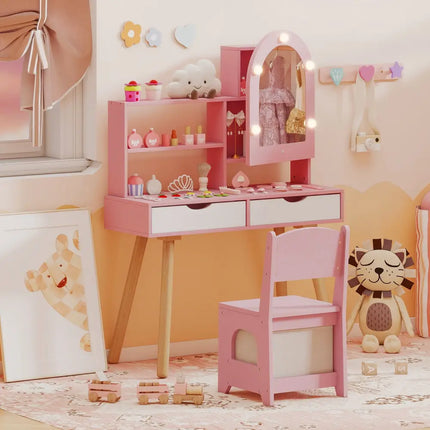 Kids Vanity Set Pretend Play Dressing Table Set with 3-Color Lighting Modes Adjustable Brightness and Mirror