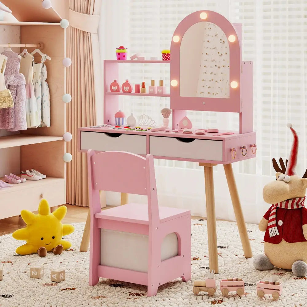 Kids Vanity Set Pretend Play Dressing Table Set with 3-Color Lighting Modes Adjustable Brightness and Mirror