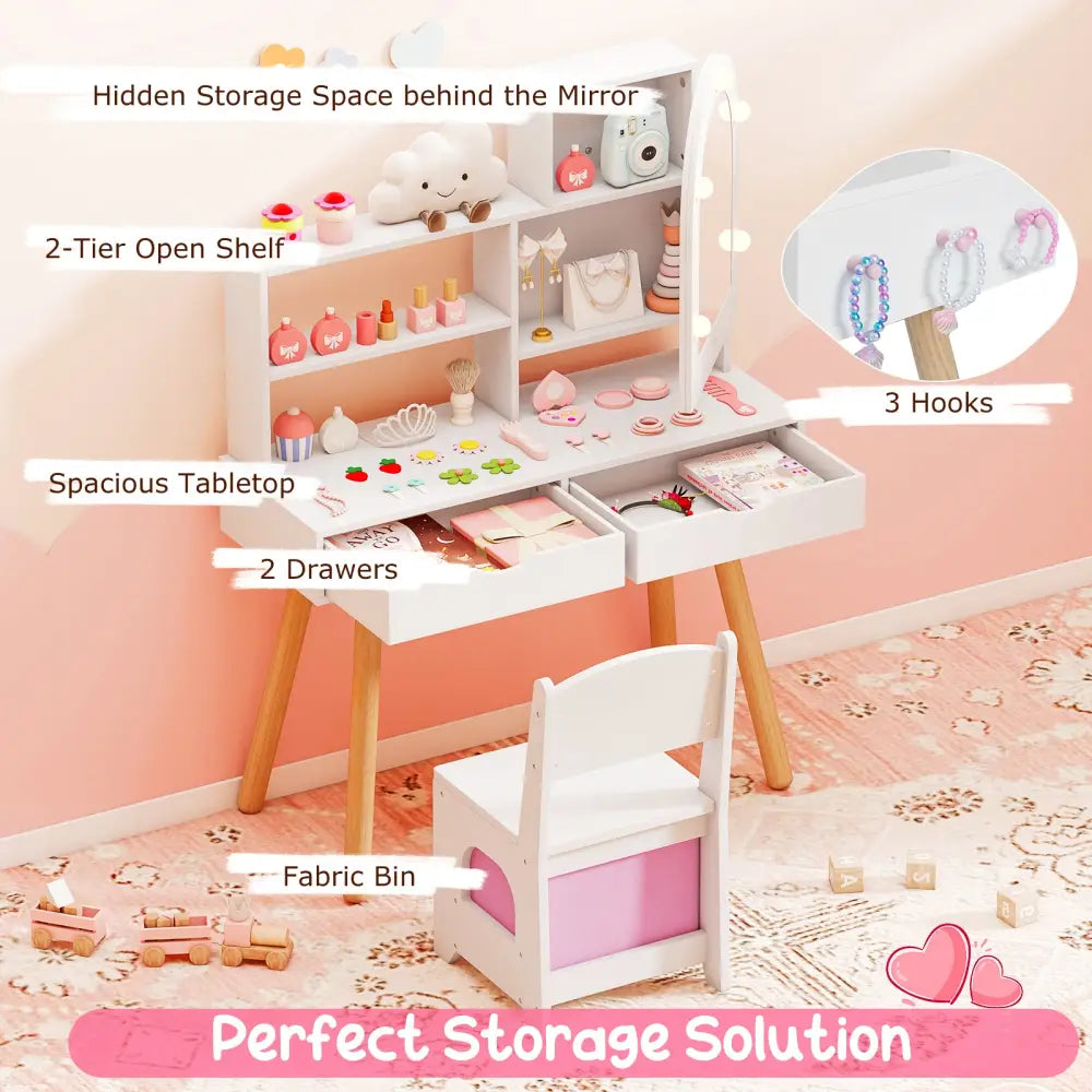 Kids Vanity Set Pretend Play Dressing Table Set with 3-Color Lighting Modes Adjustable Brightness and Mirror