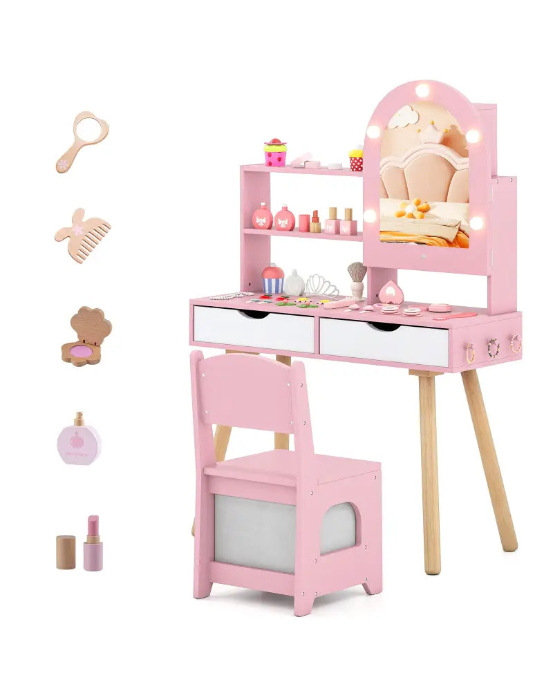 Kids Vanity Set Pretend Play Dressing Table Set with 3-Color Lighting Modes Adjustable Brightness and Mirror
