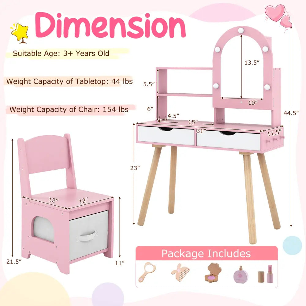 Kids Vanity Set Pretend Play Dressing Table Set with 3-Color Lighting Modes Adjustable Brightness and Mirror