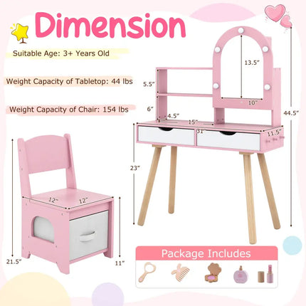 Kids Vanity Set Pretend Play Dressing Table Set with 3-Color Lighting Modes Adjustable Brightness and Mirror