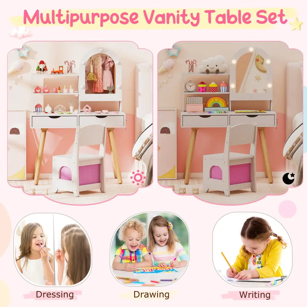 Kids Vanity Set Pretend Play Dressing Table Set with 3-Color Lighting Modes Adjustable Brightness and Mirror