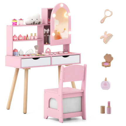 Kids Vanity Set Pretend Play Dressing Table Set with 3-Color Lighting Modes Adjustable Brightness and Mirror
