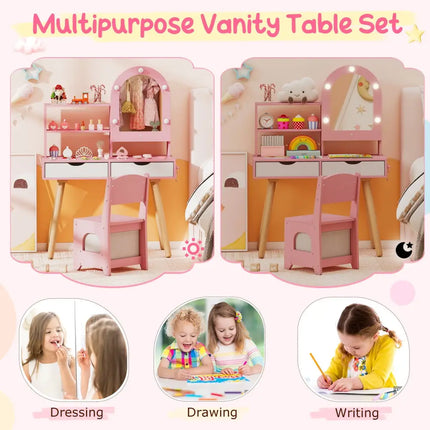Kids Vanity Set Pretend Play Dressing Table Set with 3-Color Lighting Modes Adjustable Brightness and Mirror