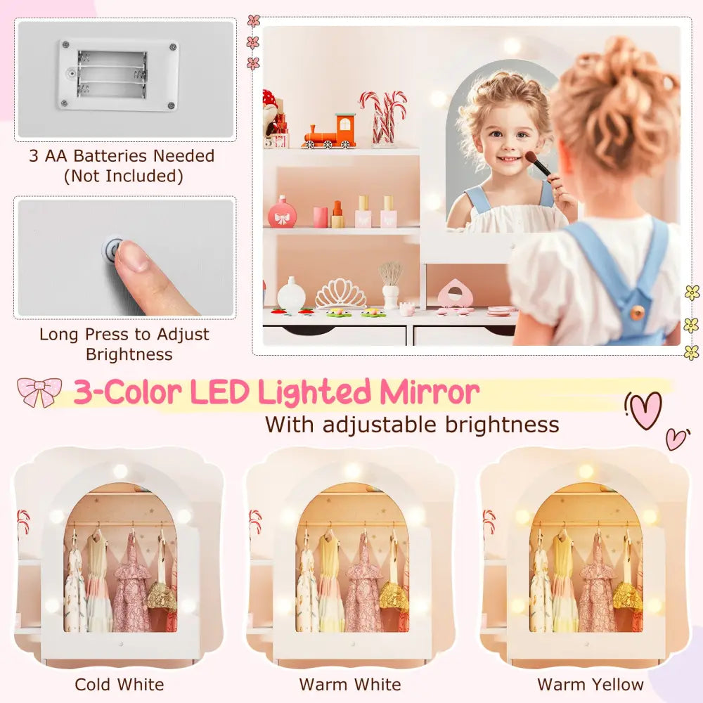 Kids Vanity Set Pretend Play Dressing Table Set with 3-Color Lighting Modes Adjustable Brightness and Mirror