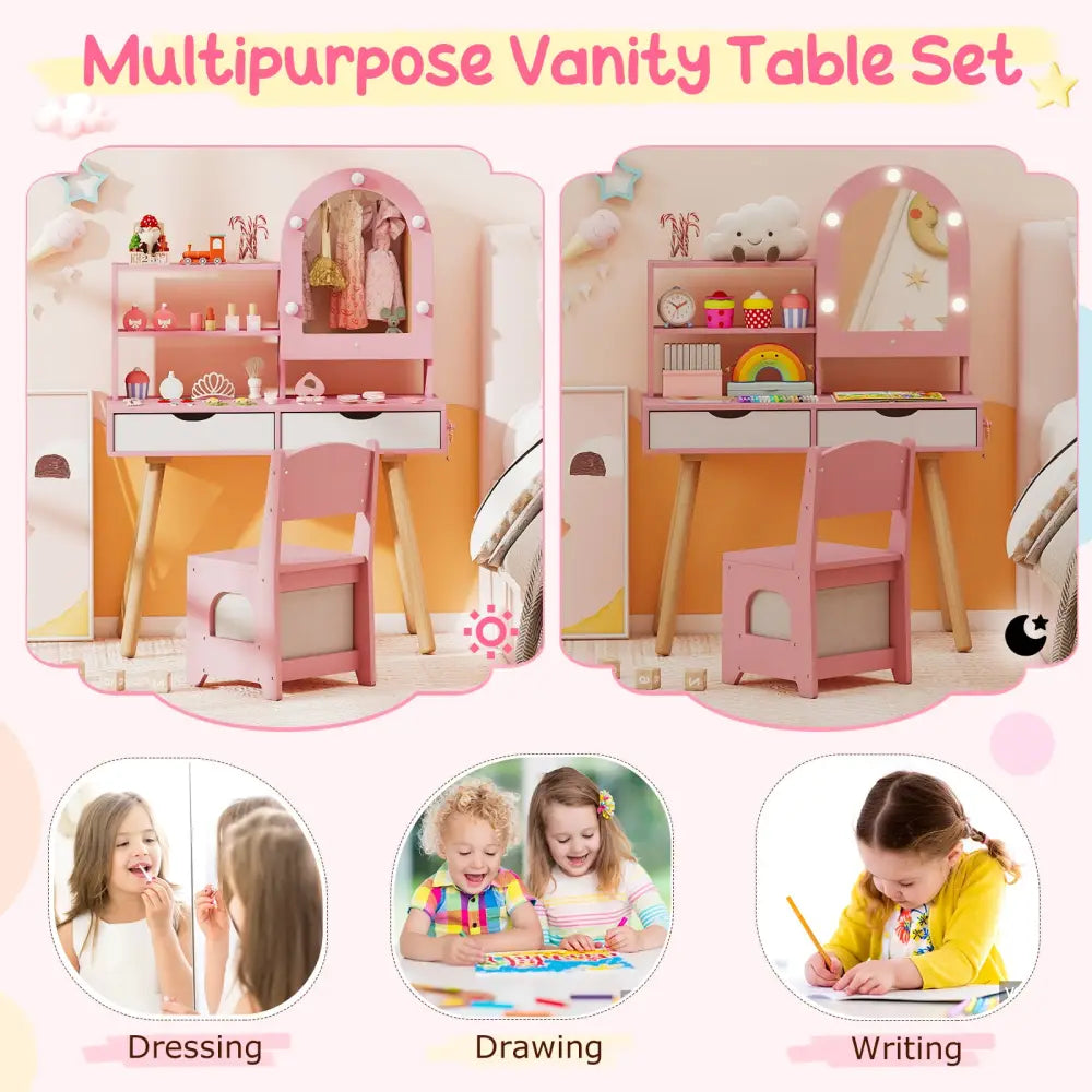 Kids Vanity Set Pretend Play Dressing Table Set with 3-Color Lighting Modes Adjustable Brightness and Mirror