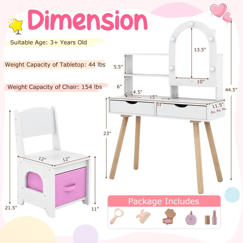 Kids Vanity Set Pretend Play Dressing Table Set with 3-Color Lighting Modes Adjustable Brightness and Mirror