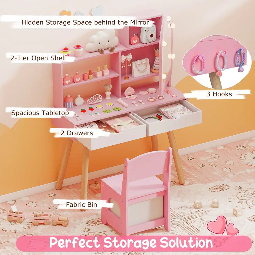 Kids Vanity Set Pretend Play Dressing Table Set with 3-Color Lighting Modes Adjustable Brightness and Mirror