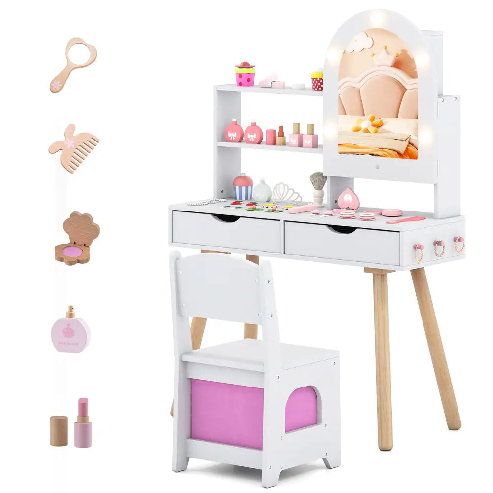 Kids Vanity Set Pretend Play Dressing Table Set with 3-Color Lighting Modes Adjustable Brightness and Mirror