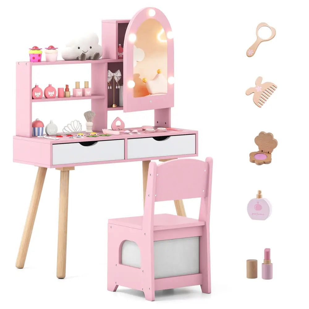 Kids Vanity Set Pretend Play Dressing Table Set with 3-Color Lighting Modes Adjustable Brightness and Mirror