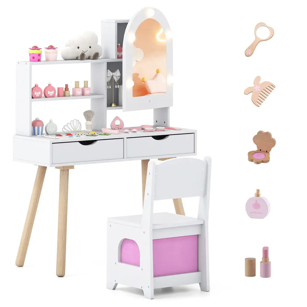 Kids Vanity Set Pretend Play Dressing Table Set with 3-Color Lighting Modes Adjustable Brightness and Mirror