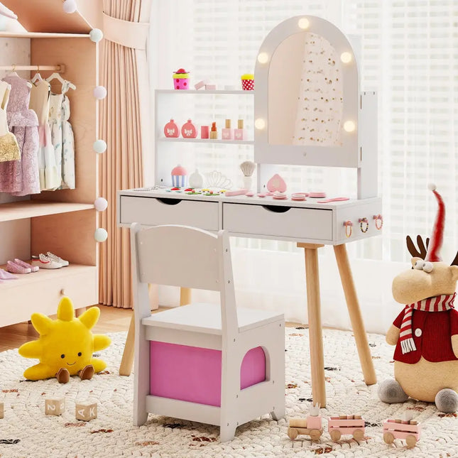 Kids Vanity Set Pretend Play Dressing Table Set with 3-Color Lighting Modes Adjustable Brightness and Mirror