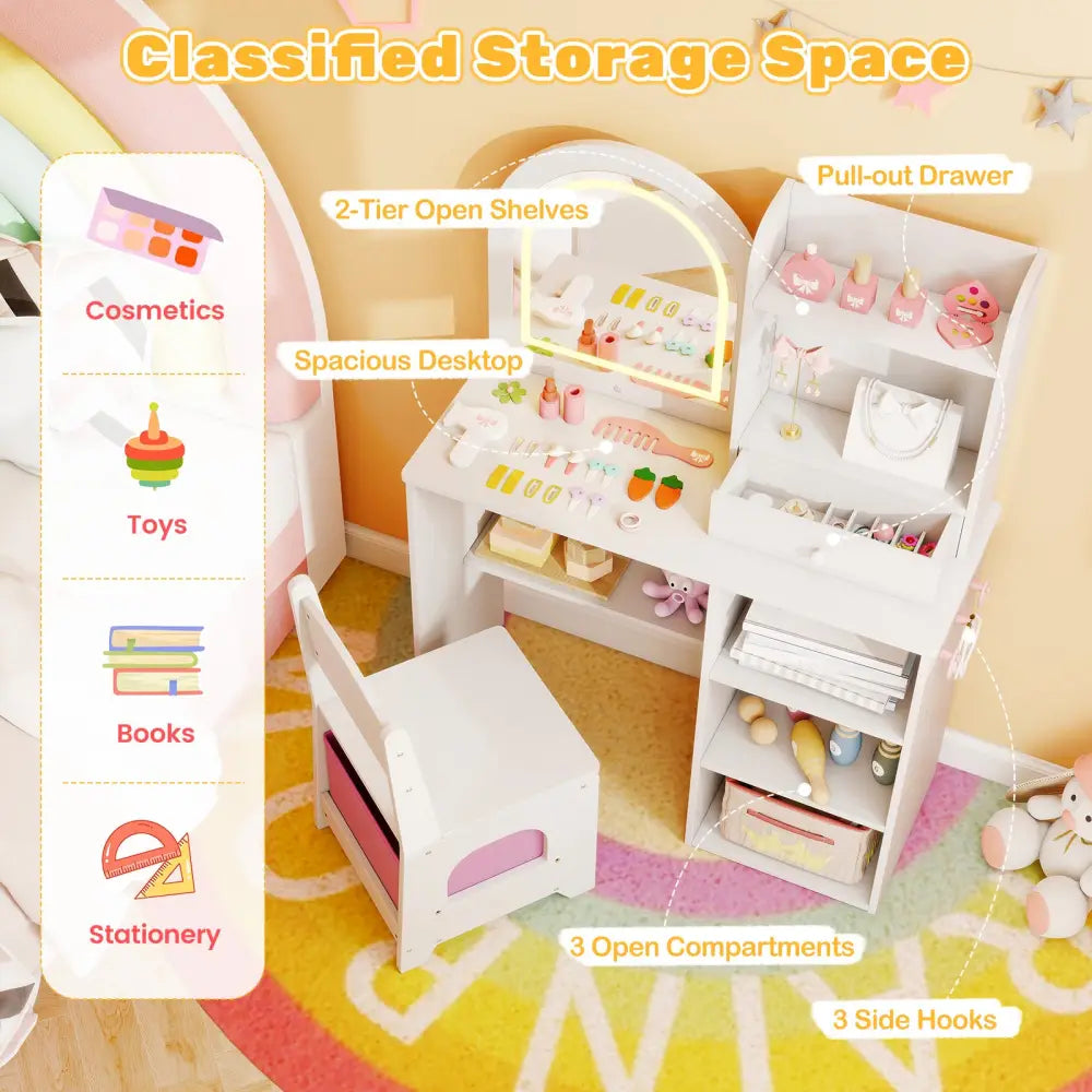 Kids Vanity Set Princess Girls Makeup Vanity Desk with Chair and 3-Color LED Lighted Mirror-White - White - Kids