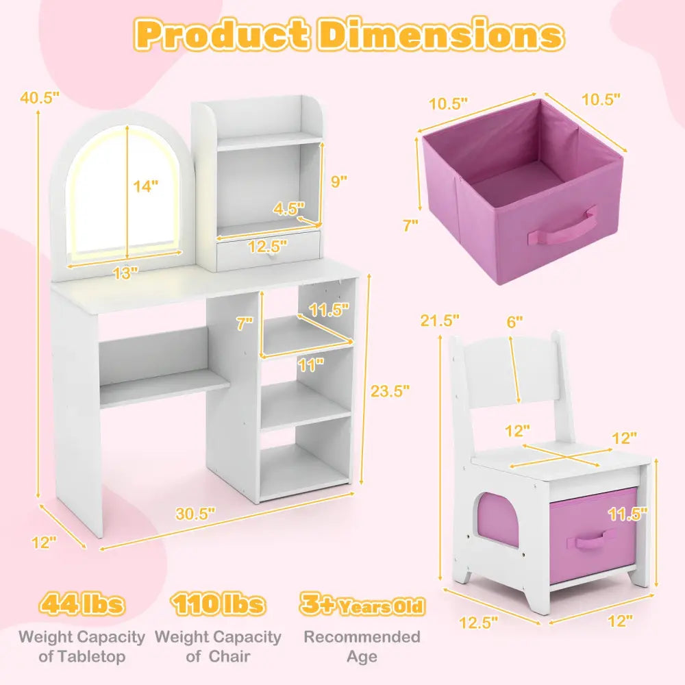 Kids Vanity Set Princess Girls Makeup Vanity Desk with Chair and 3-Color LED Lighted Mirror-White - White - Kids