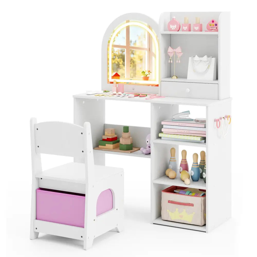 Kids Vanity Set Princess Girls Makeup Vanity Desk with Chair and 3-Color LED Lighted Mirror-White - White - Kids