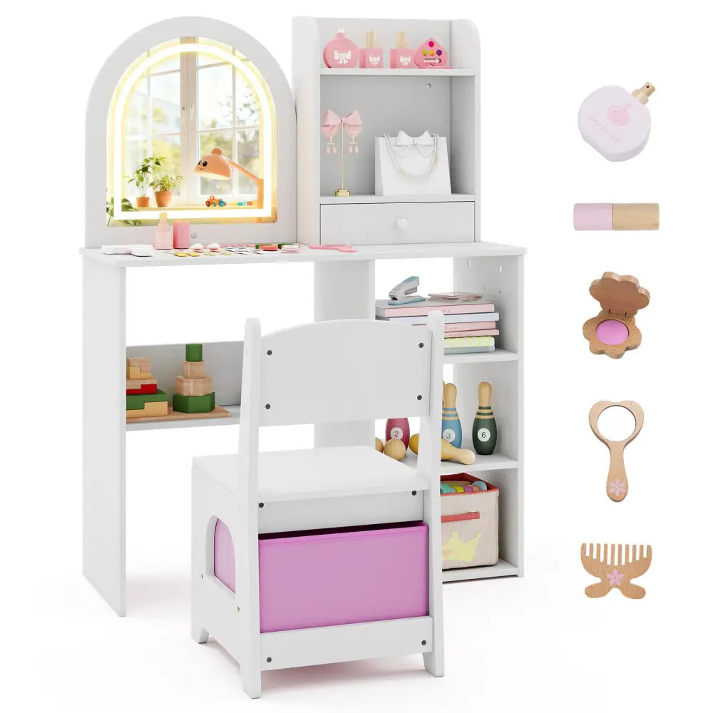 Kids Vanity Set Princess Girls Makeup Vanity Desk with Chair and 3-Color LED Lighted Mirror-White - White - Kids