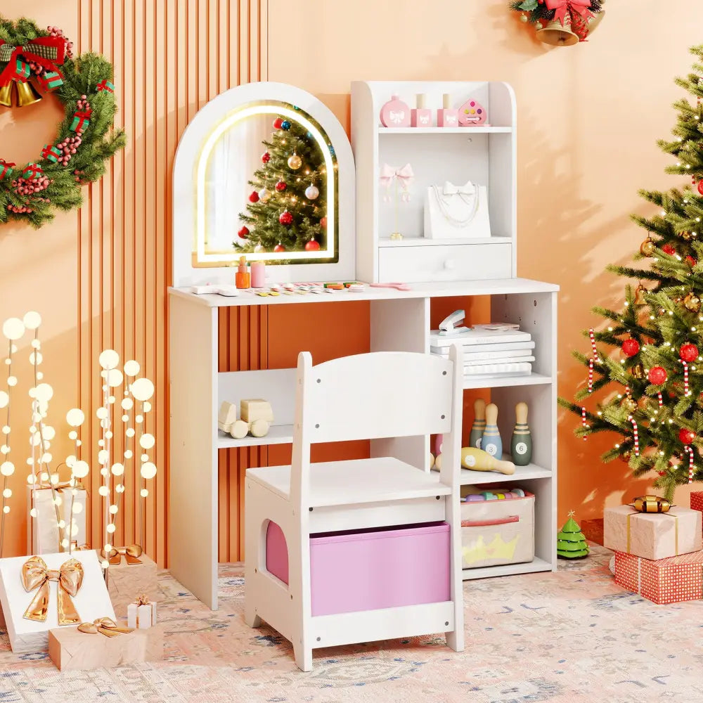 Kids Vanity Set Princess Girls Makeup Vanity Desk with Chair and 3-Color LED Lighted Mirror-White - White - Kids