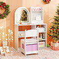 Kids Vanity Set Princess Girls Makeup Vanity Desk with Chair and 3-Color LED Lighted Mirror-White - White - Kids
