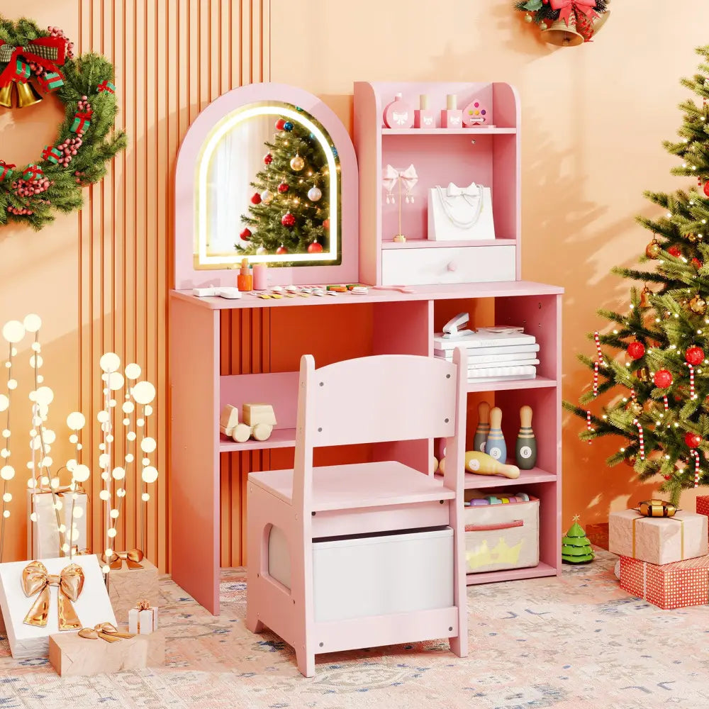 Kids Vanity Set Princess Girls Makeup Vanity Desk with Chair and 3-Color LED Lighted Mirror-Pink - Pink - Kids Vanities