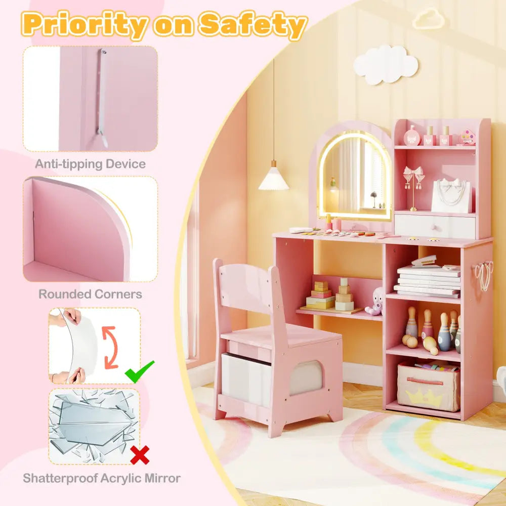 Kids Vanity Set Princess Girls Makeup Vanity Desk with Chair and 3-Color LED Lighted Mirror-Pink - Pink - Kids Vanities