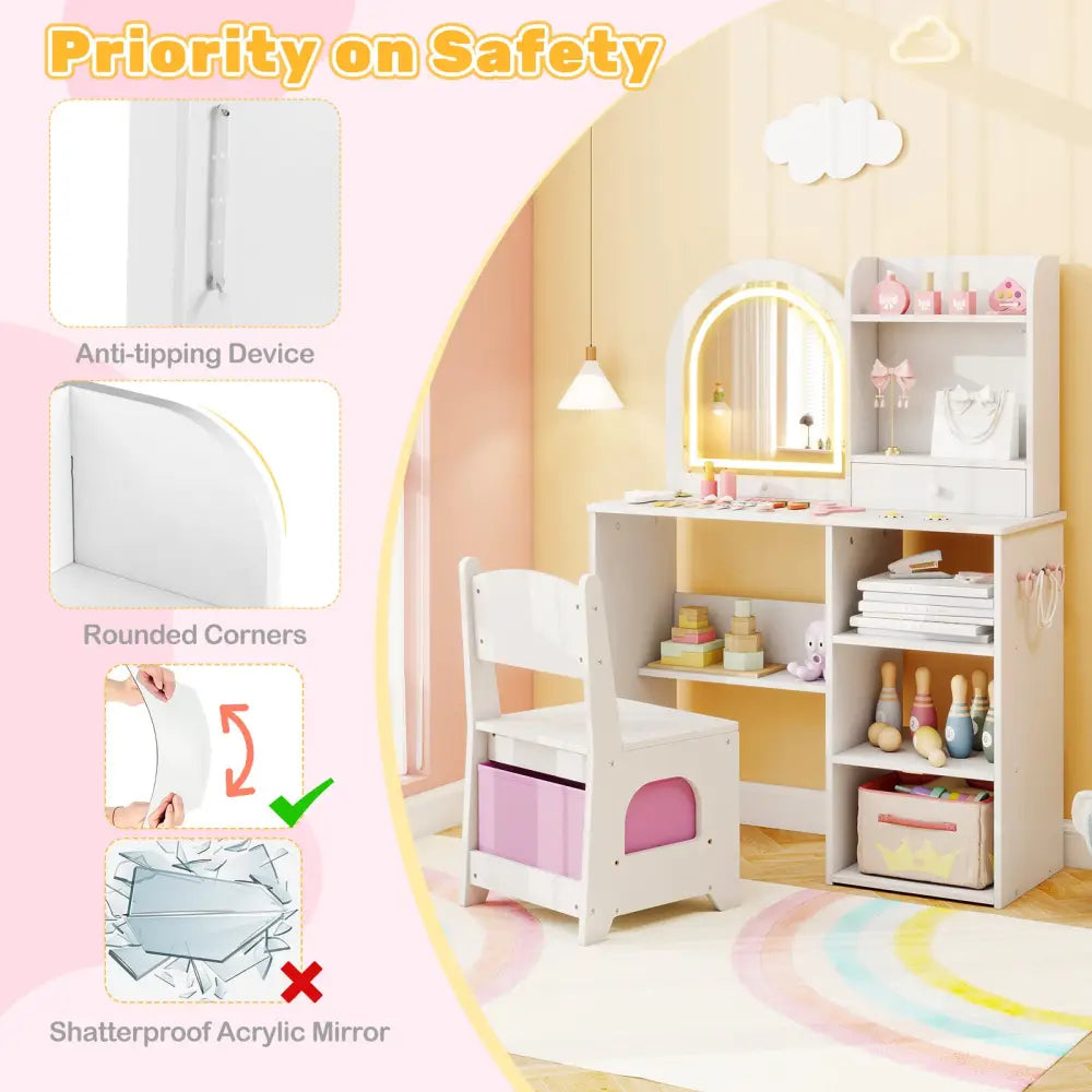 Kids Vanity Set Princess Girls Makeup Vanity Desk with Chair and 3-Color LED Lighted Mirror-White - White - Kids