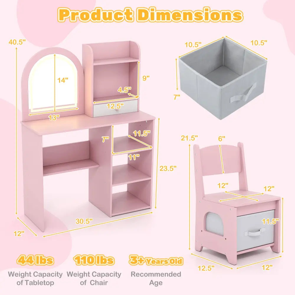 Kids Vanity Set Princess Girls Makeup Vanity Desk with Chair and 3-Color LED Lighted Mirror-Pink - Pink - Kids Vanities