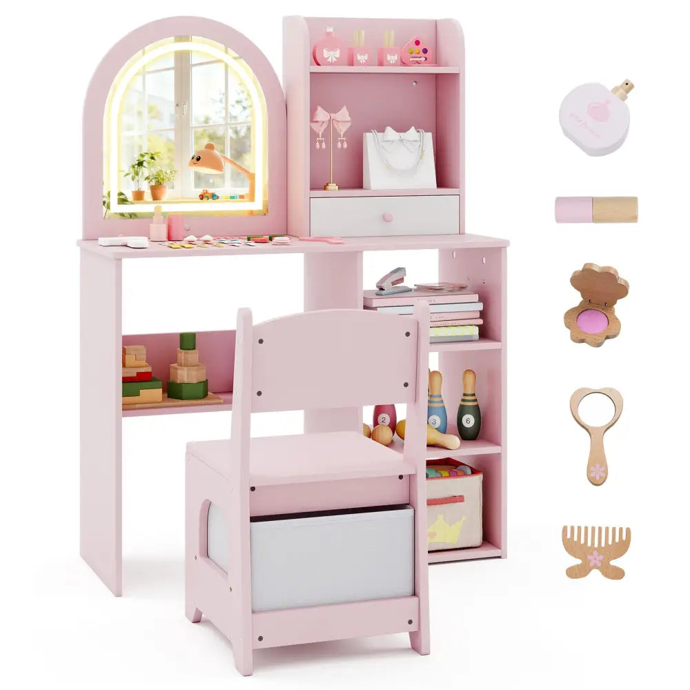 Kids Vanity Set Princess Girls Makeup Vanity Desk with Chair and 3-Color LED Lighted Mirror-Pink - Pink - Kids Vanities