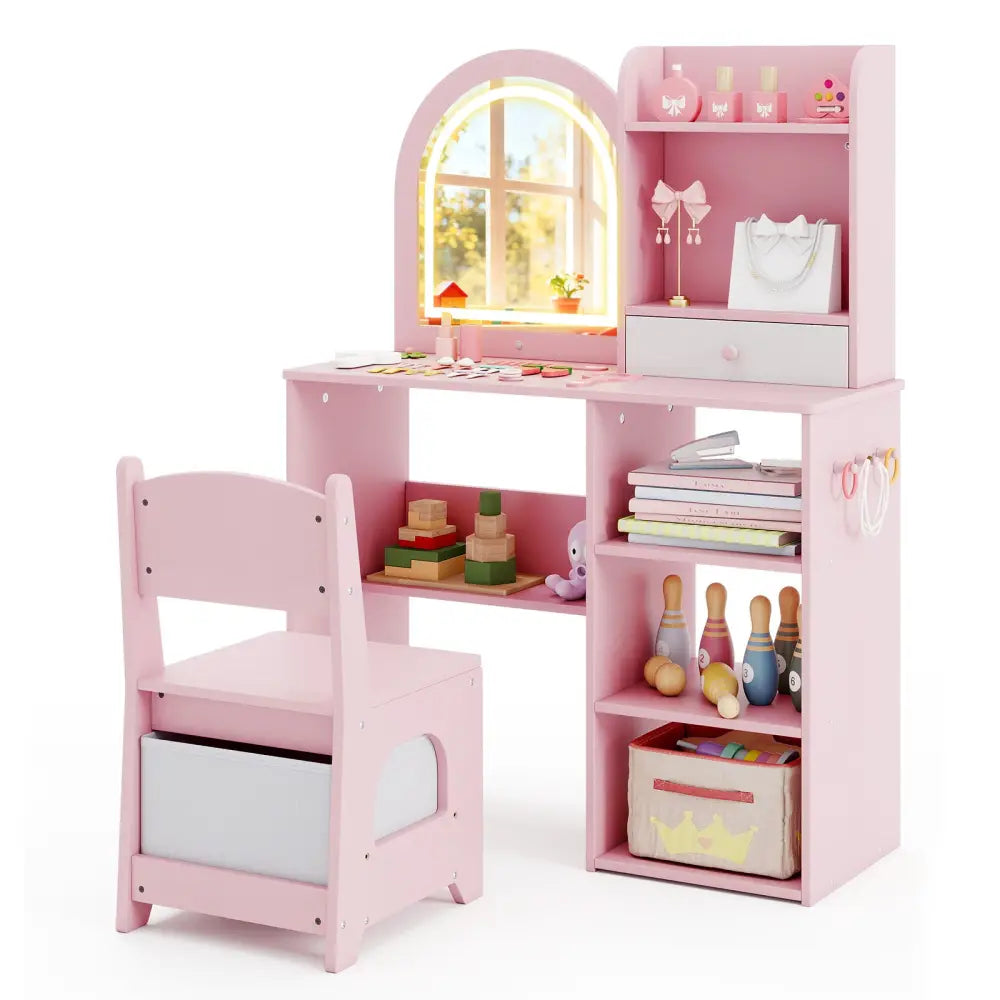 Kids Vanity Set Princess Girls Makeup Vanity Desk with Chair and 3-Color LED Lighted Mirror-Pink - Pink - Kids Vanities