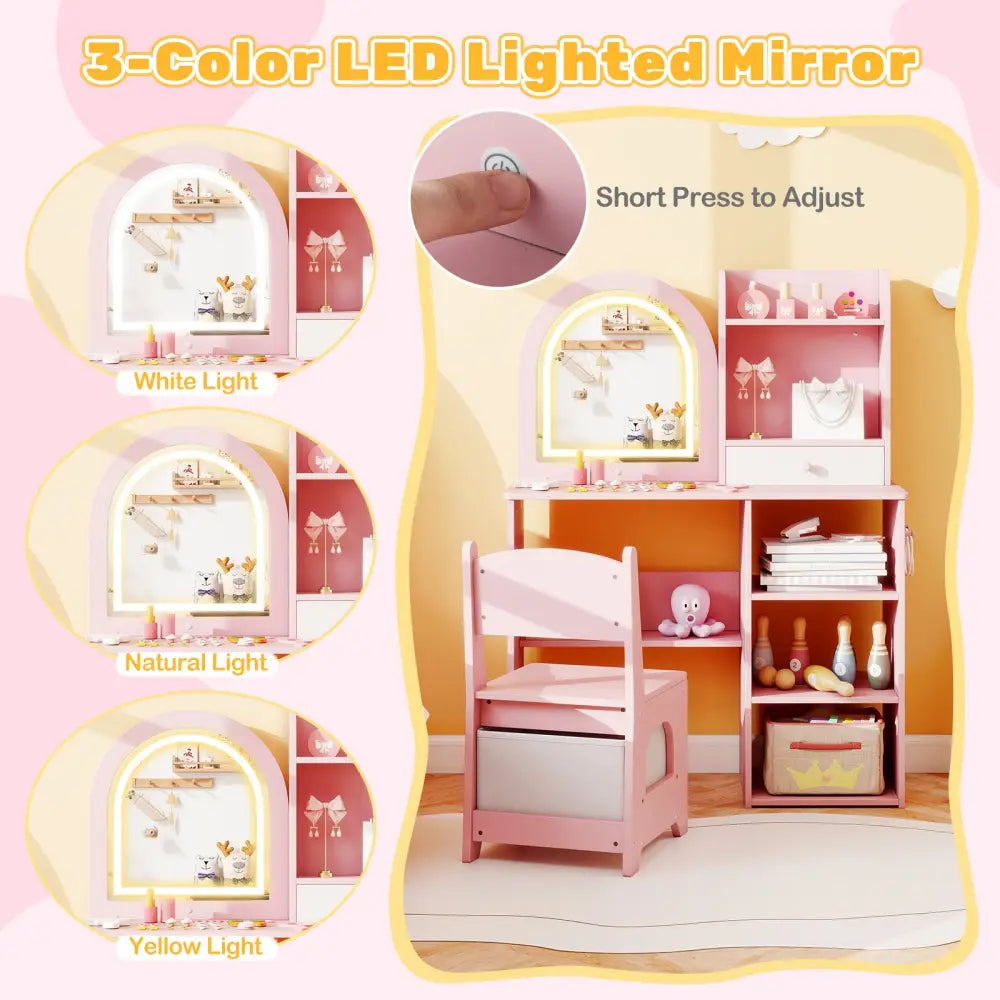 Kids Vanity Set Princess Girls Makeup Vanity Desk with Chair and 3-Color LED Lighted Mirror-Pink - Pink - Kids Vanities