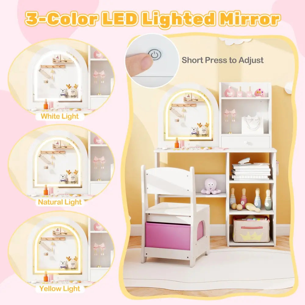 Kids Vanity Set Princess Girls Makeup Vanity Desk with Chair and 3-Color LED Lighted Mirror-White - White - Kids
