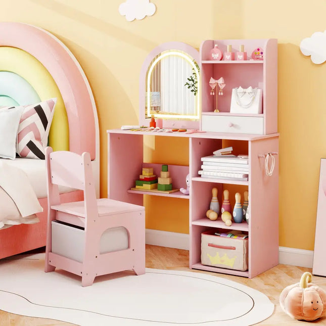 Kids Vanity Set Princess Girls Makeup Vanity Desk with Chair and 3-Color LED Lighted Mirror-Pink - Pink - Kids Vanities
