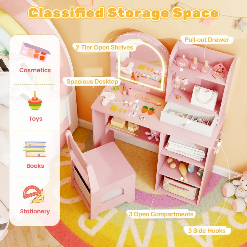 Kids Vanity Set Princess Girls Makeup Vanity Desk with Chair and 3-Color LED Lighted Mirror-Pink - Pink - Kids Vanities